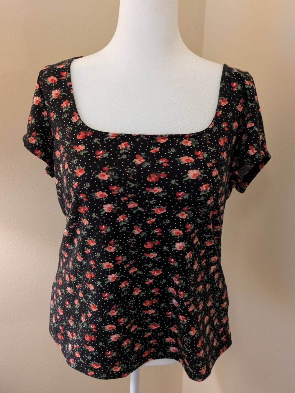 SHEIN Curve 3XL Black Floral Fitted Top Square Neck Cottagecore Baby Tee